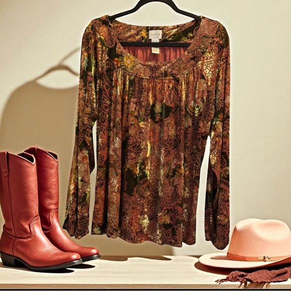 Chico’s-Fall Colors/Velvet Floral Long Sleeve Top. 🎃 🍂🍁 - Picture 4 of 7